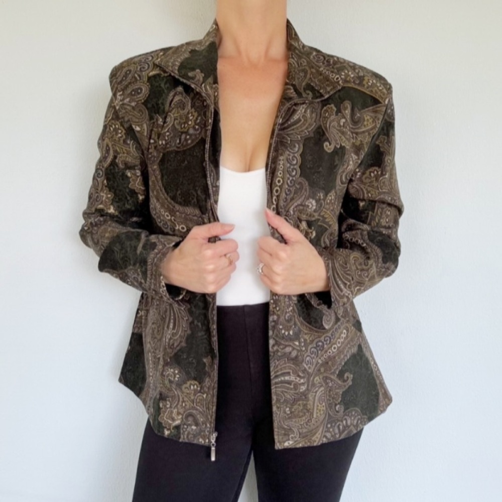 Vintage Notations brown suede paisley print full zip stretch blazer jacket large
